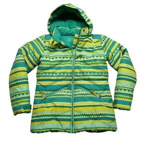 Marmot Jacket Kids Large Green Yellow Stripe Hooded Puffer Full Zip‎ Winter Ski
